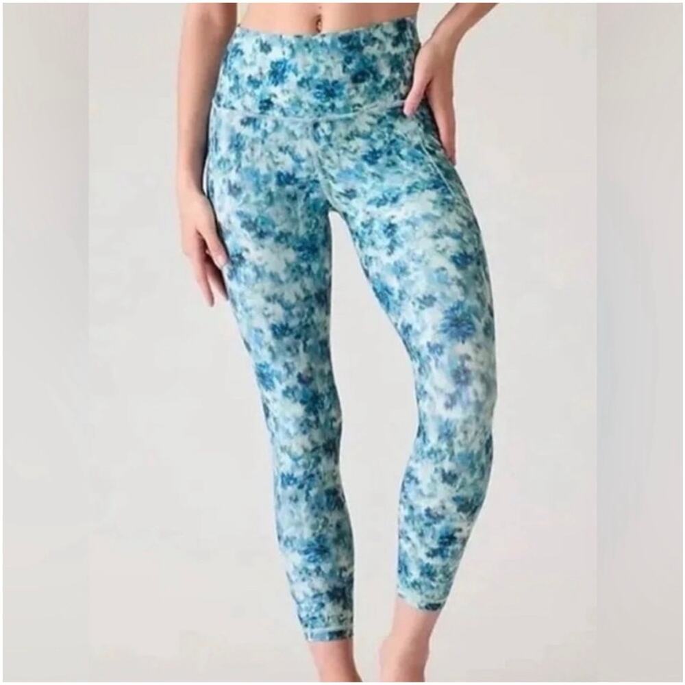 Athleta Leggings Womens Medium Blue Salutation Stash 7/8 Yoga Pilates Gym Walk